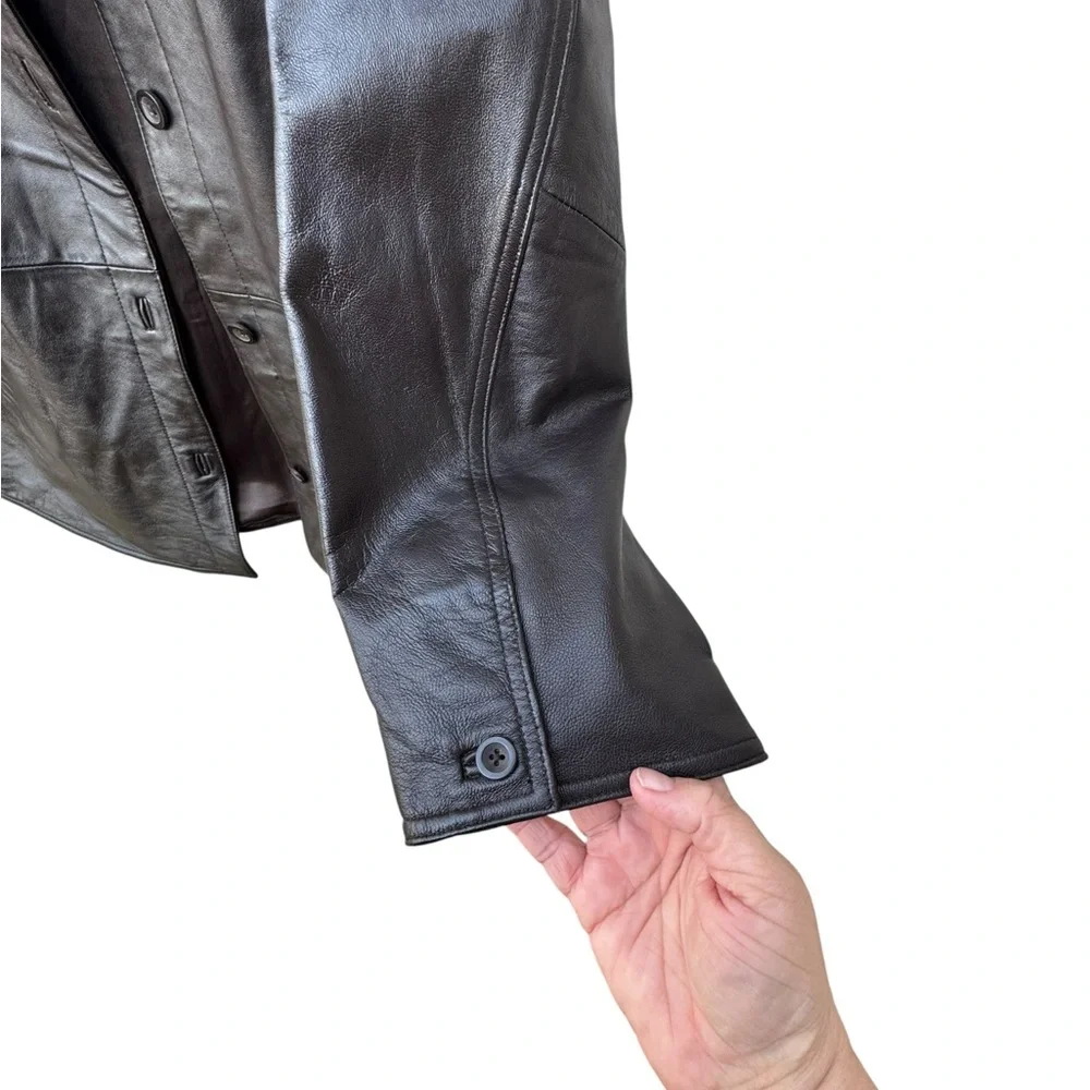 Leather Brown Button-Front Coat size 2X - Picture 5 of 12